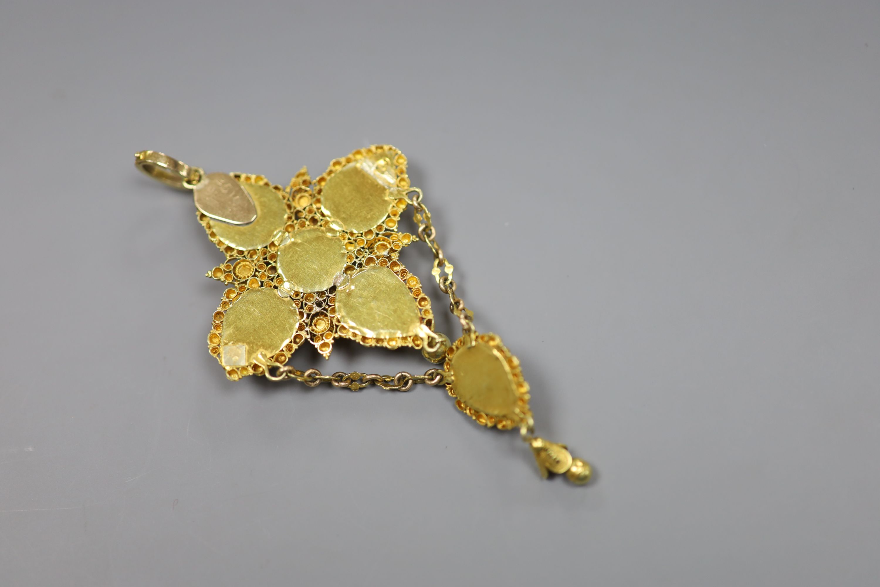 A 19th century yellow metal, foil backed garnet, seed pearl and diamond set drop pendant (adapted)